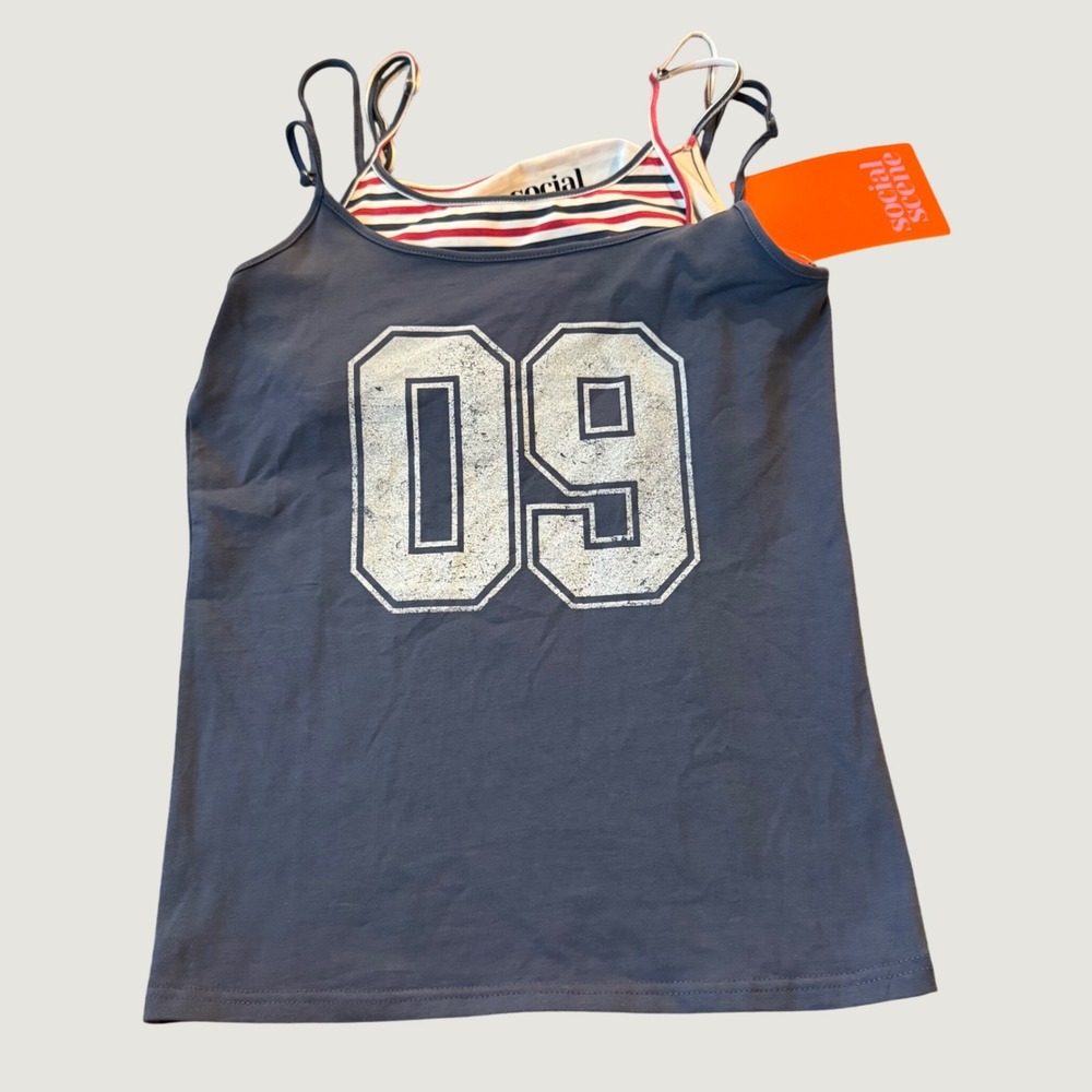 Social Scene Layered Cami Tank Top Size M Graphic 09 Sporty Y2K Blue Cotton